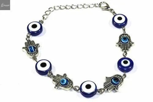 Hamsa Hands & Evil Eye Marbled Bead Bracelet Silver Hestia